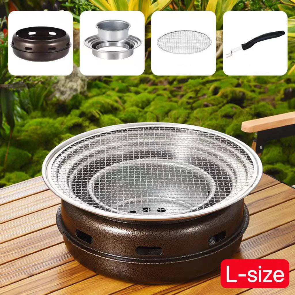 Portable Korean Style Large Round Charcoal BBQ Grill with Hob and Net Tabletop Grill for Camping Picnic and Backyard Cooking