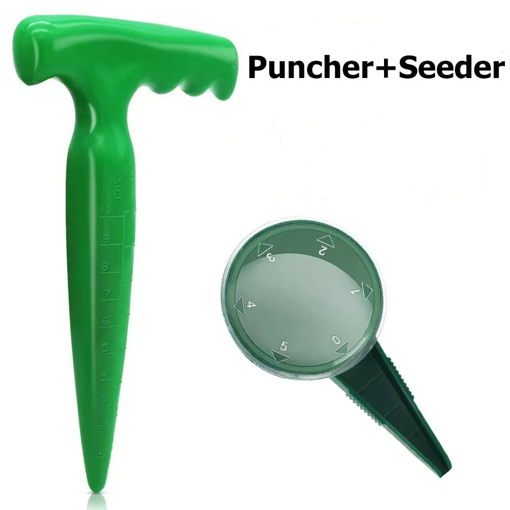 Garden Seed Sower and Hole Puncher Planting Tool Set with Precision Seed Dispenser and Depth Scale
