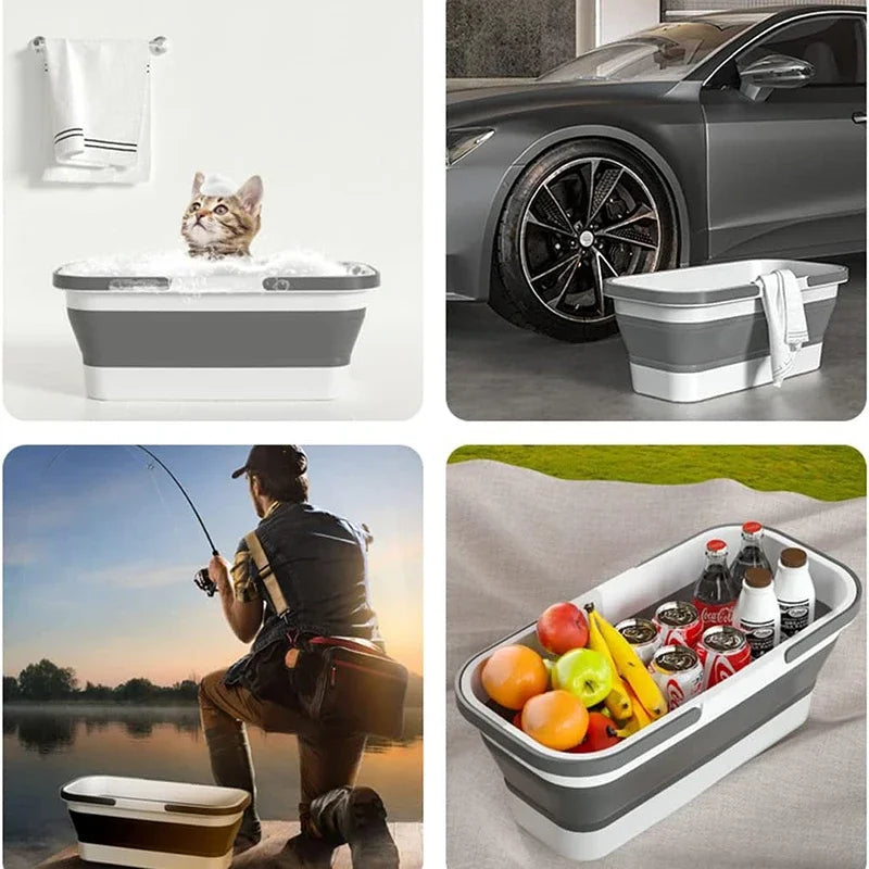 Collapsible Gray Plastic Bucket Foldable Mop Bucket Laundry Basket with Handle for House Cleaning and Storage