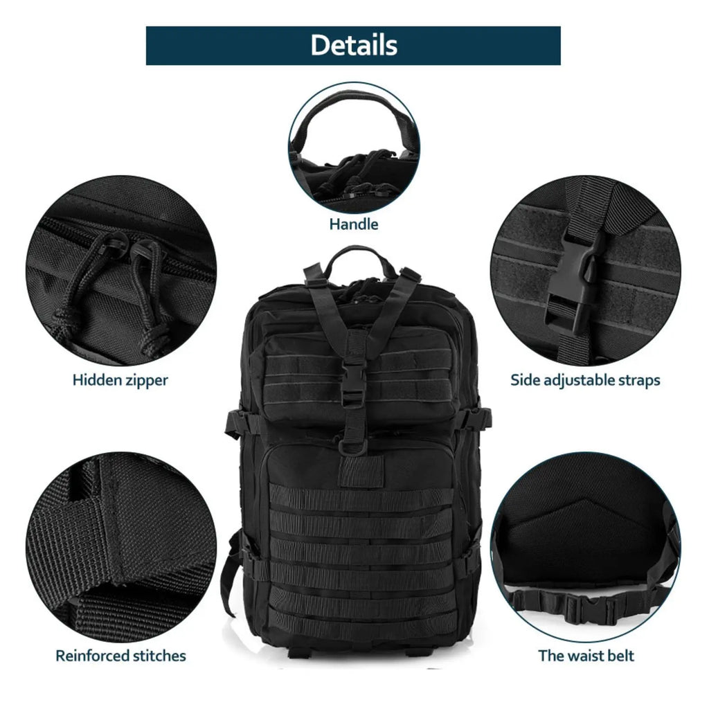 50L Black Waterproof Tactical Backpack with Molle Webbing for Hiking Camping Trekking and Travel