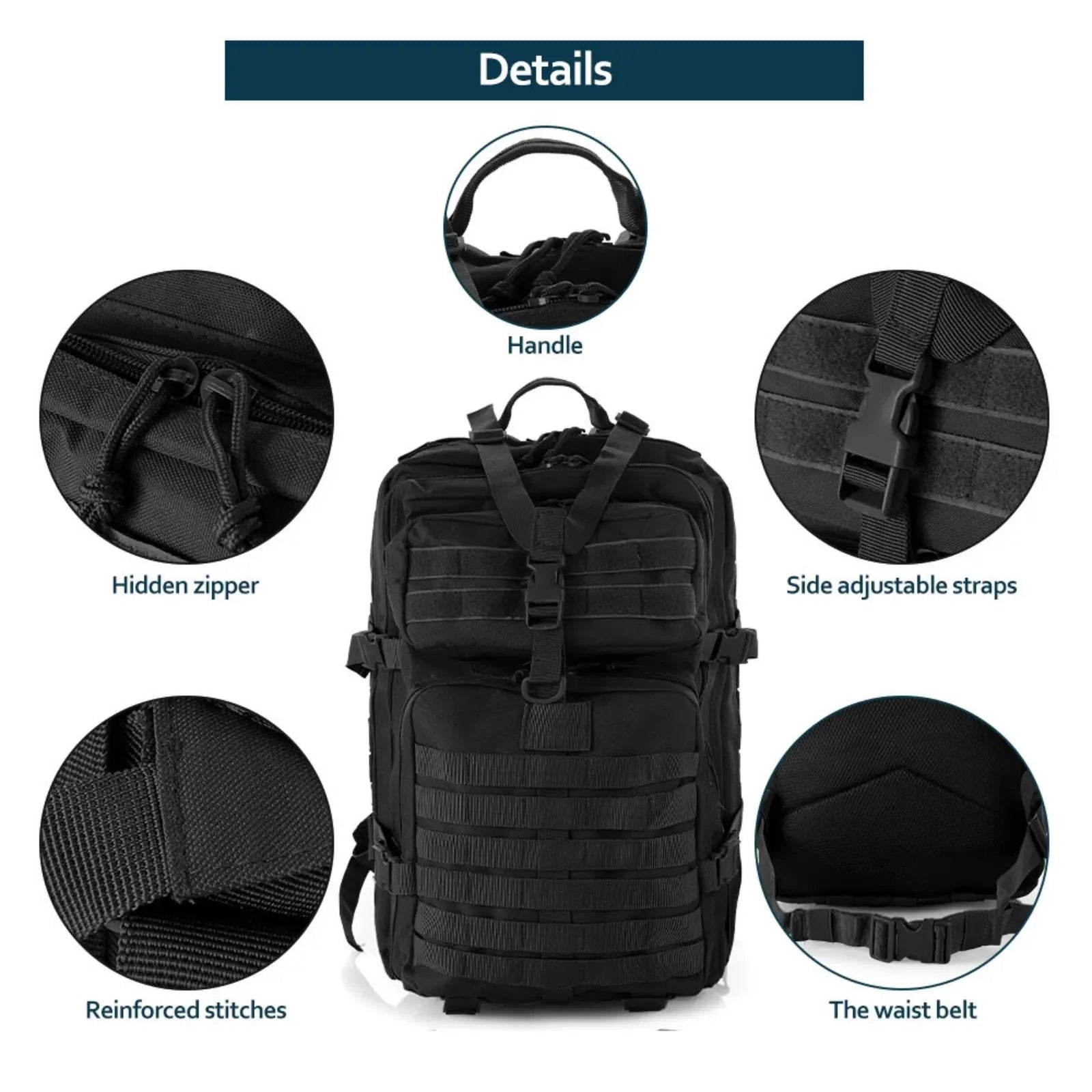 50L Black Waterproof Tactical Backpack with Molle Webbing for Hiking Camping Trekking and Travel