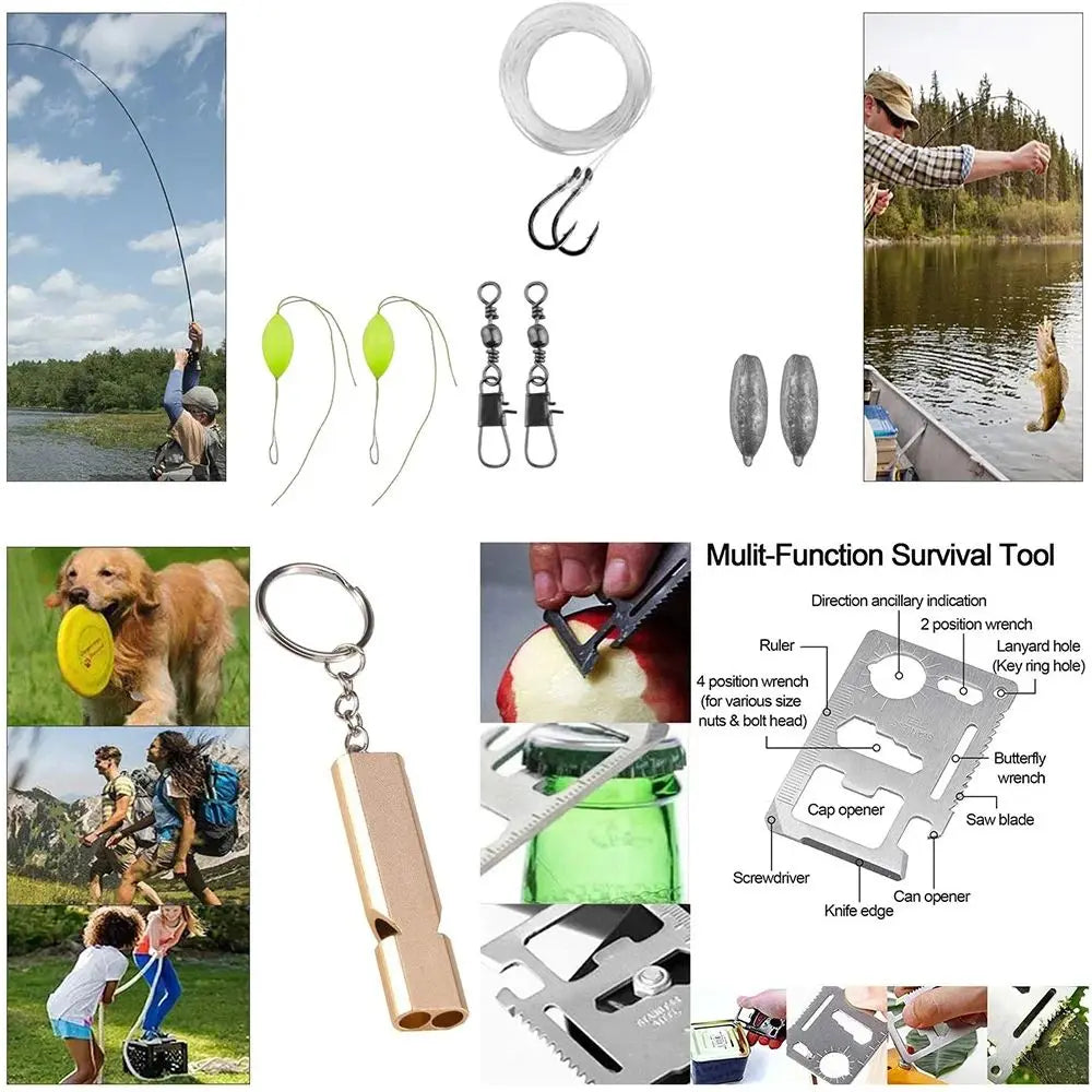 Portable Emergency Survival Kit with Flashlight Whistle Rope Fishing Tools and Storage Case