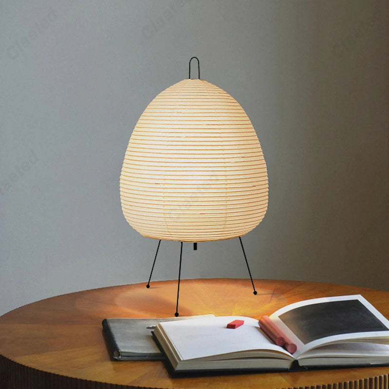 Japanese Style Paper Table Lamp LED Lantern Desk Light with Iron Tripod for Bedroom Living Room