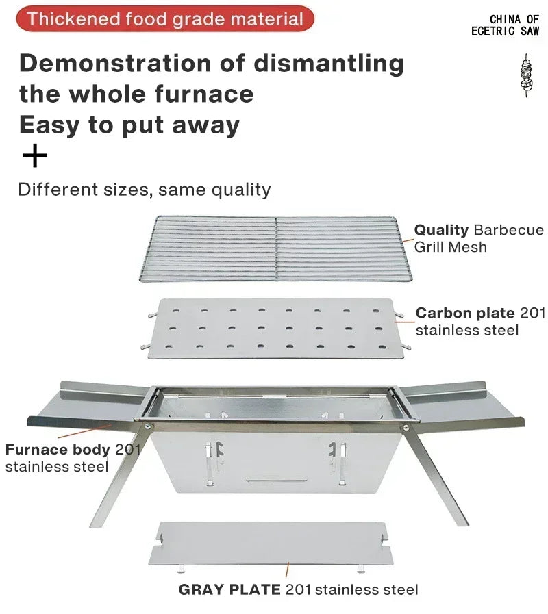 Portable Charcoal BBQ Grill Folding Stainless Steel Barbecue with Side Shelves Carry Pouch and Heat Resistant Mitten