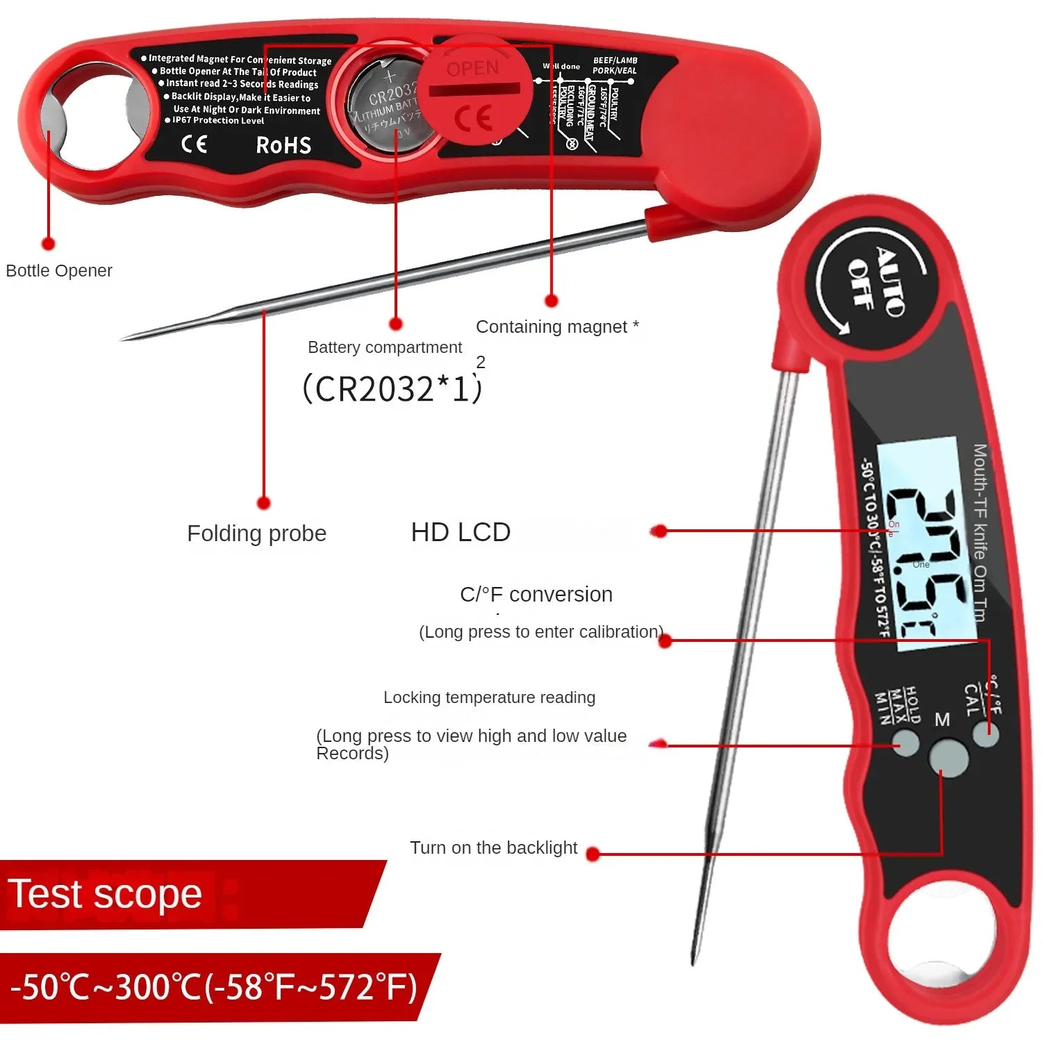 Digital Food Thermometer with Foldable Stainless Steel Probe for BBQ Cooking and Baking