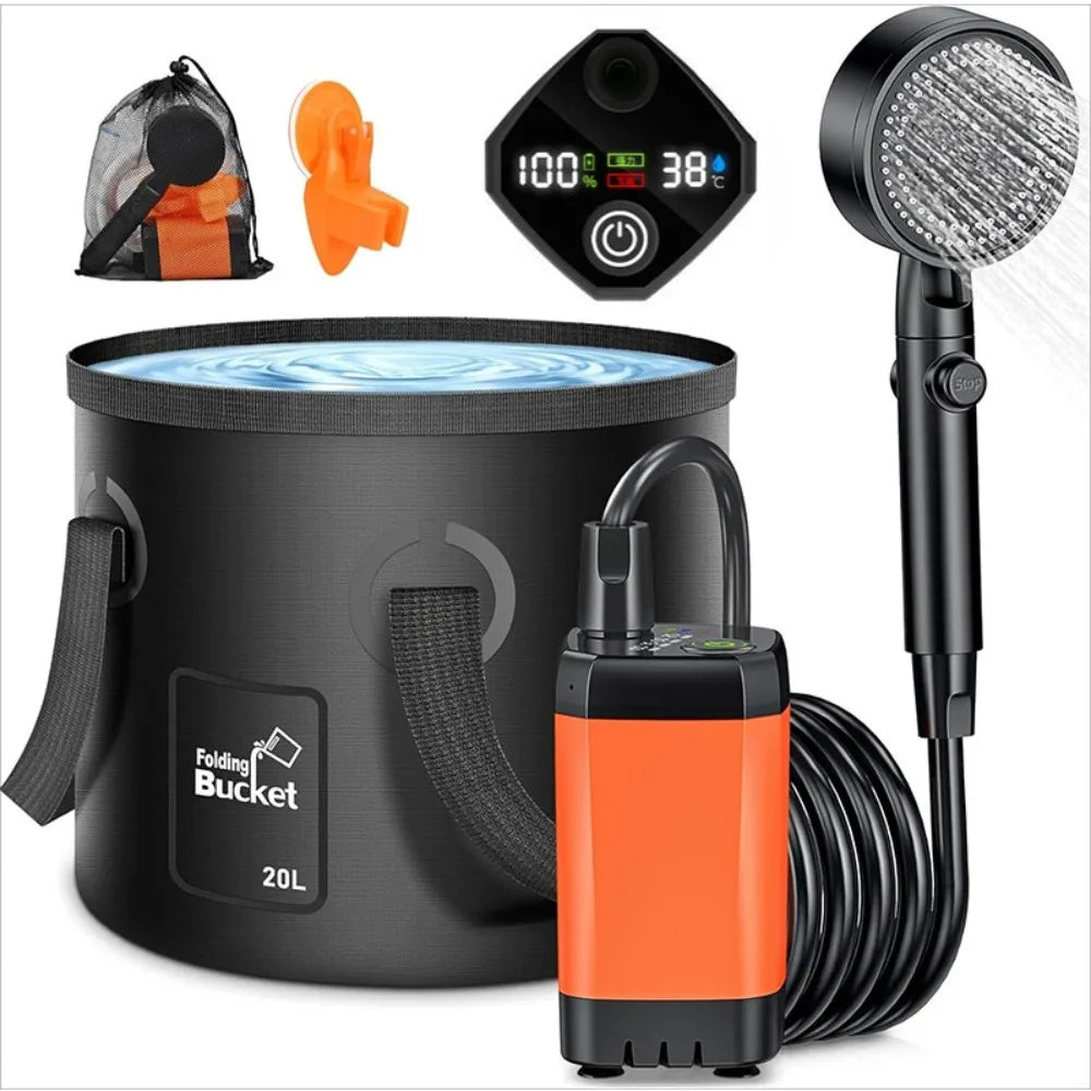 6000mAh Orange Portable Camping Shower Rechargeable Outdoor Shower Kit with 20L Foldable Bucket and Pump
