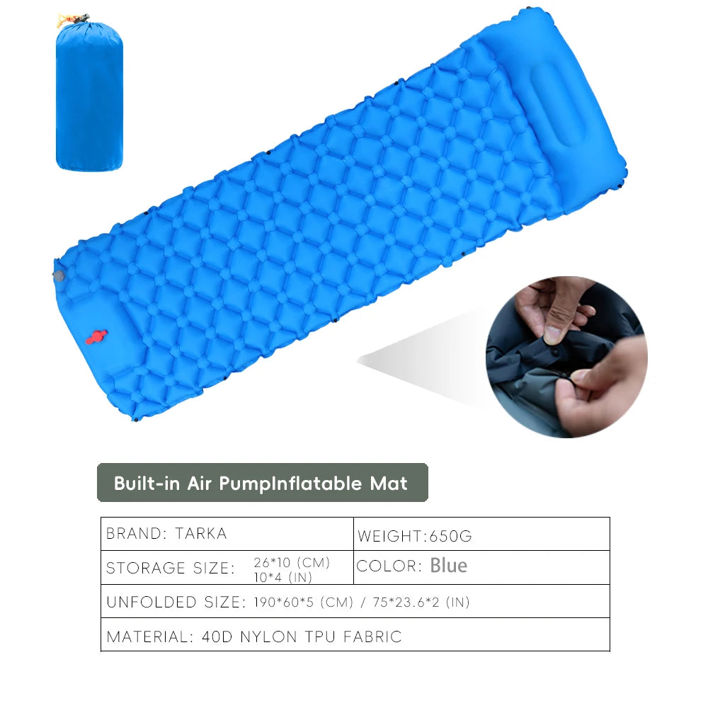 Inflatable Blue Camping Mat with Built In Air Pump Pillow for Hiking Trekking Travel and Outdoor Use