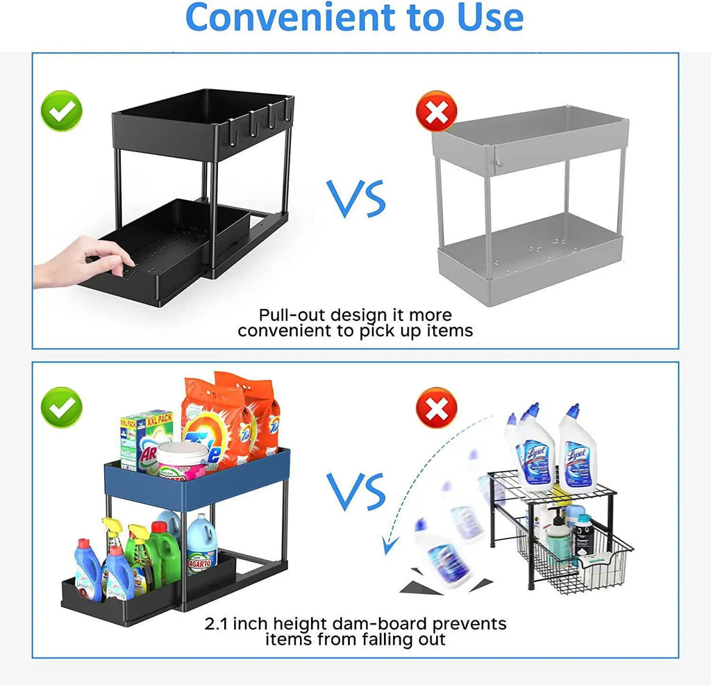 2 Tier Under Sink Organizer Sliding Pull-Out Cabinet Basket Storage Rack with Hooks