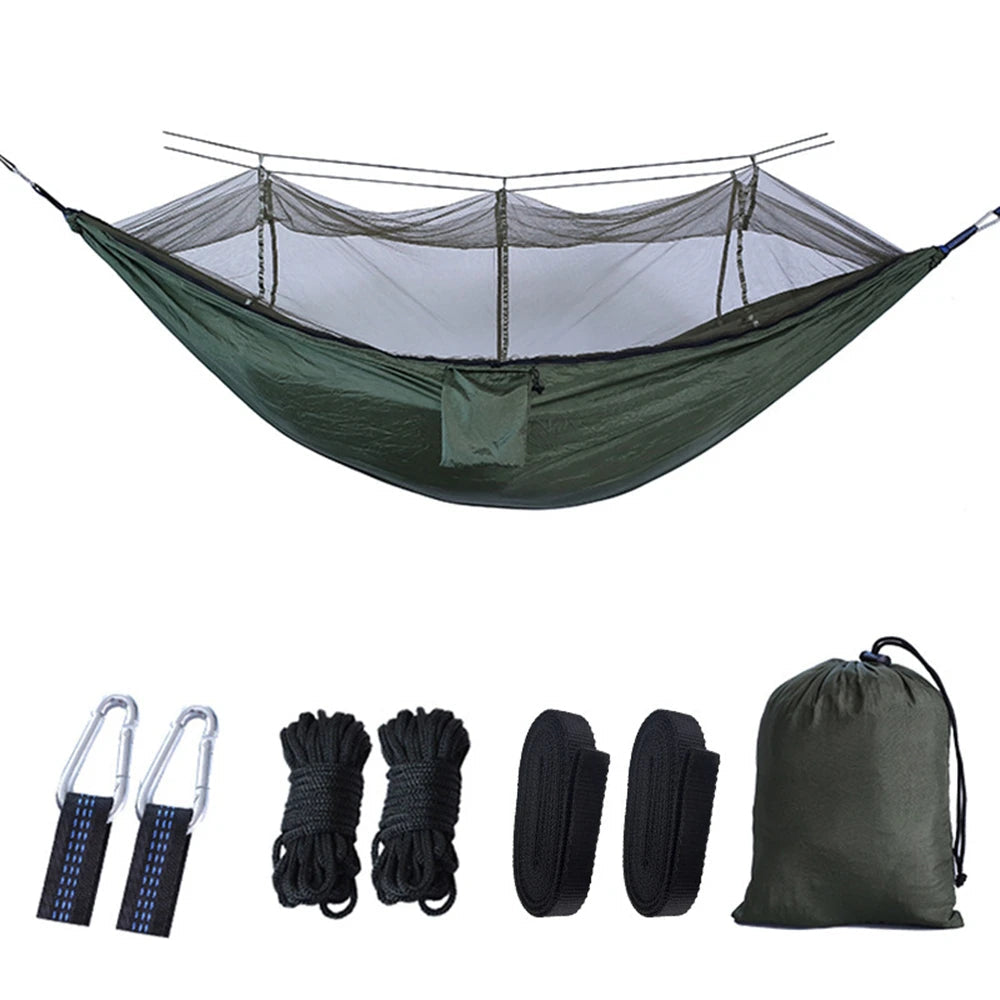 Portable Double Camping Hammock with Mosquito Net Dark Army Green Outdoor Travel Hammock