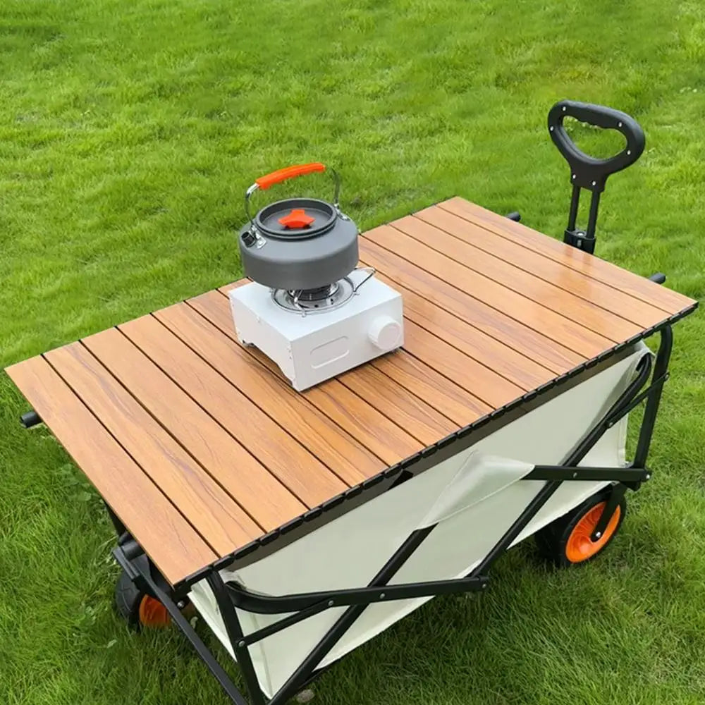 Portable Folding Camping Trolley Table Top Wood Color Wagon Cover Board for Picnic Beach Garden and Camping
