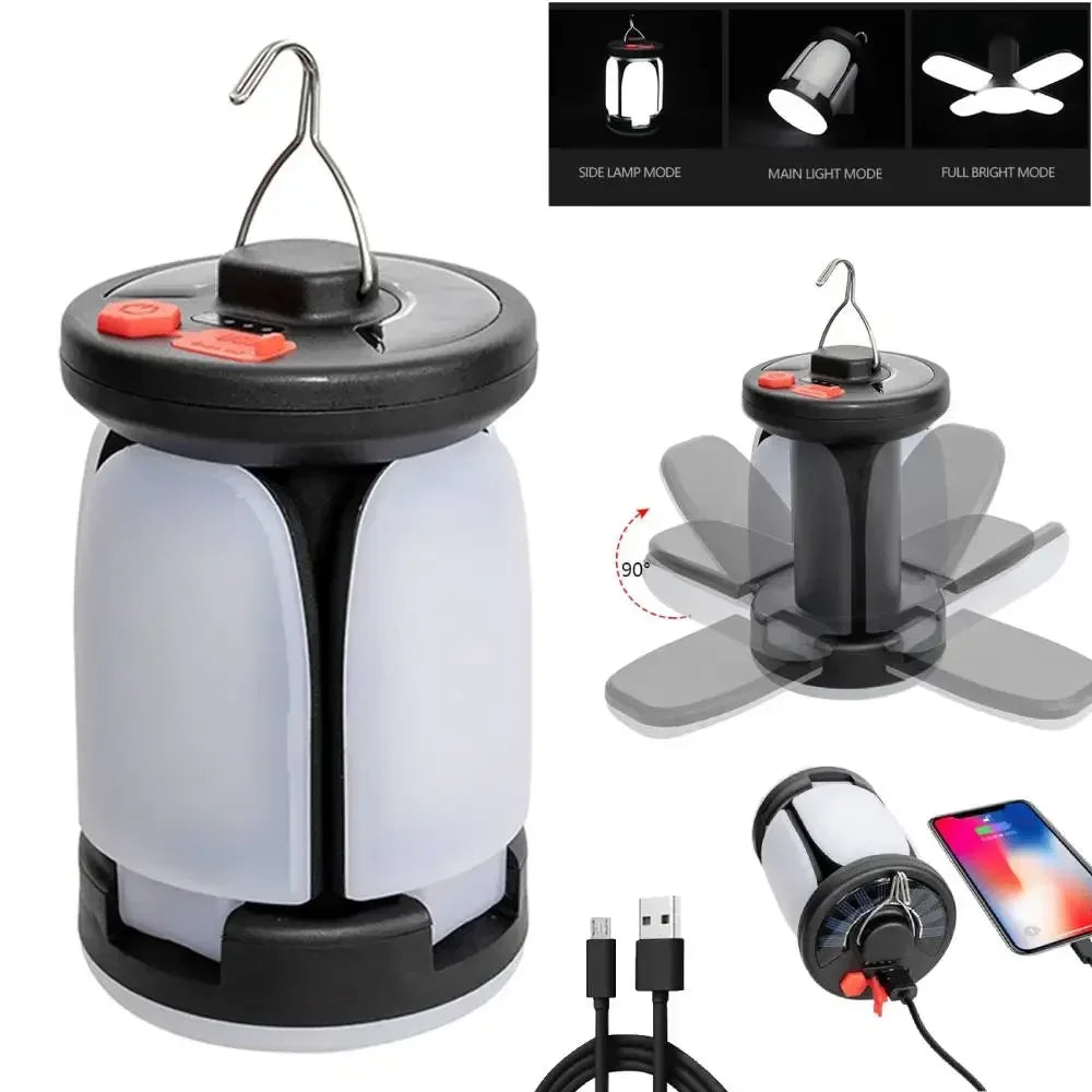 4-Leaf Solar USB Rechargeable LED Camping Lantern with Folding Panels and Hanging Hook