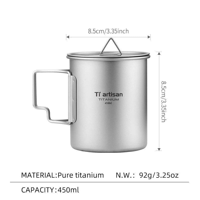 450ml Titanium Camping Mug Lightweight Portable Coffee Cup with Folding Handle and Lid for Outdoor Hiking