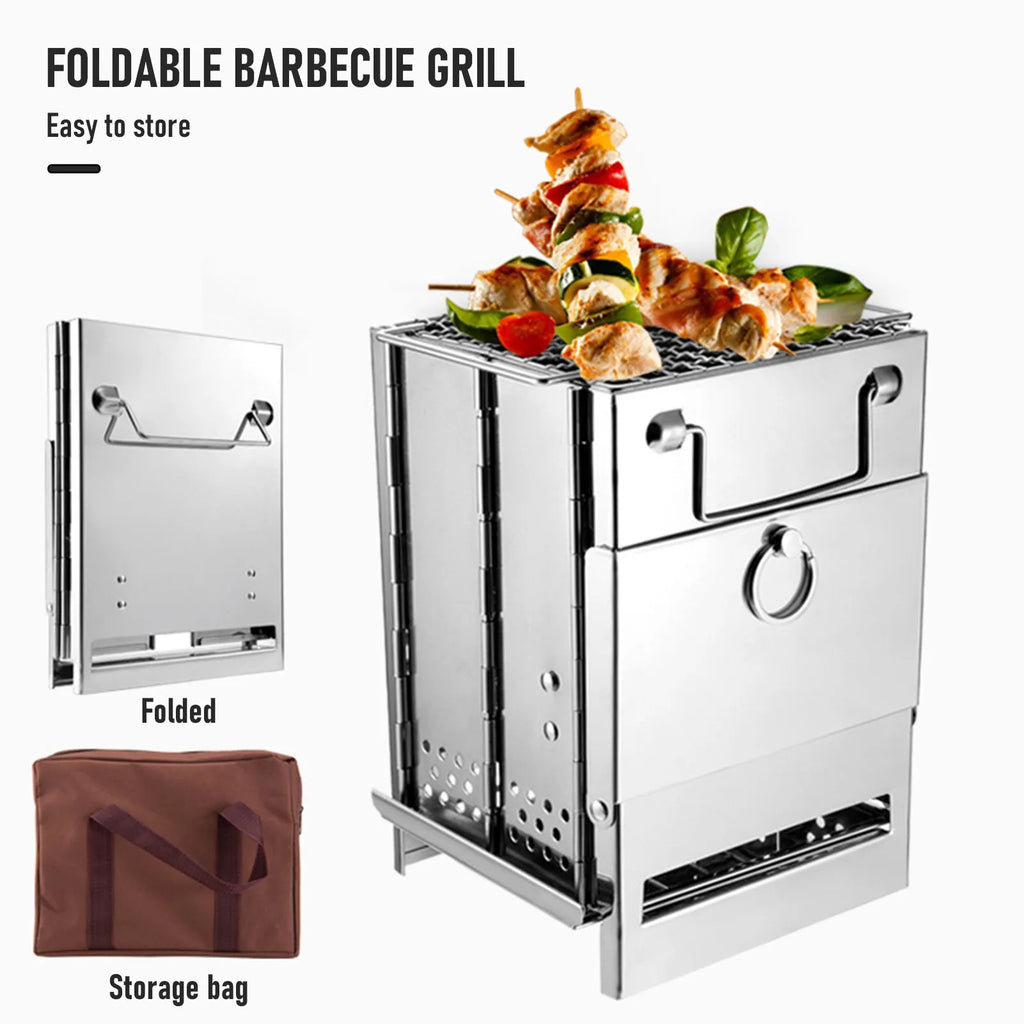Foldable Camping Wood Stove Stainless Steel Portable Mini Grill for Outdoor Cooking