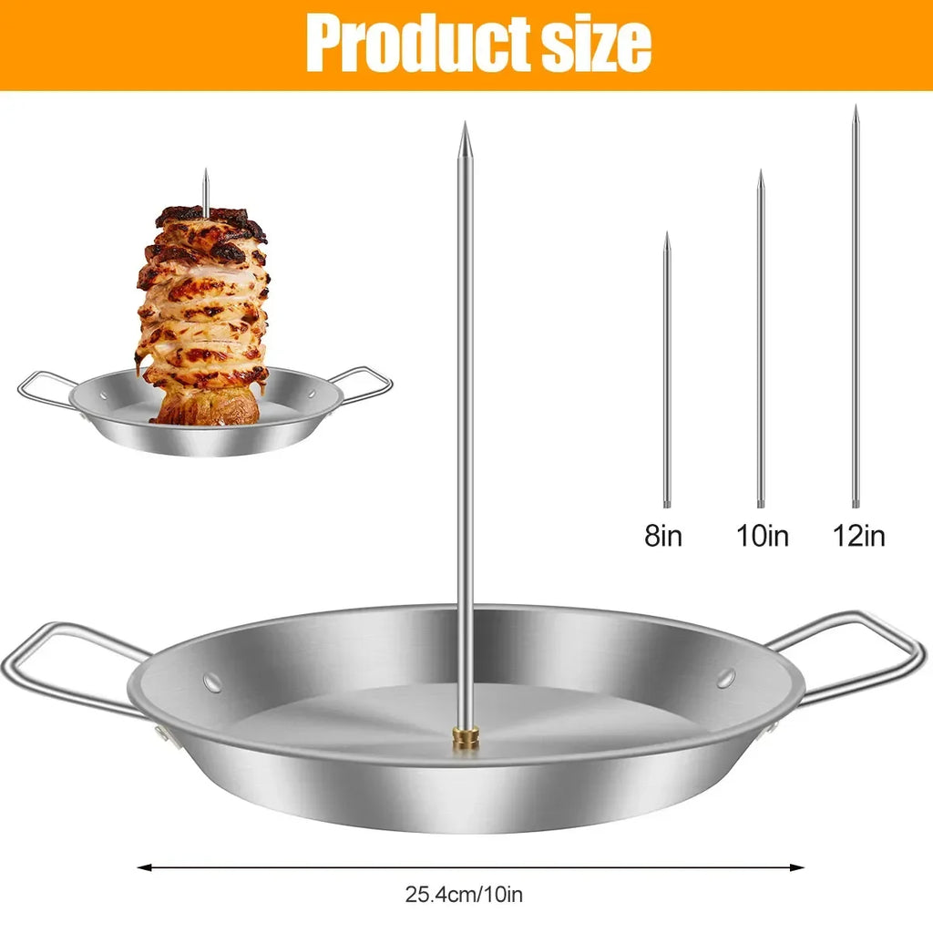 Stainless Steel Vertical BBQ Skewer Rack with Drip Pan and 3 Meat Spikes