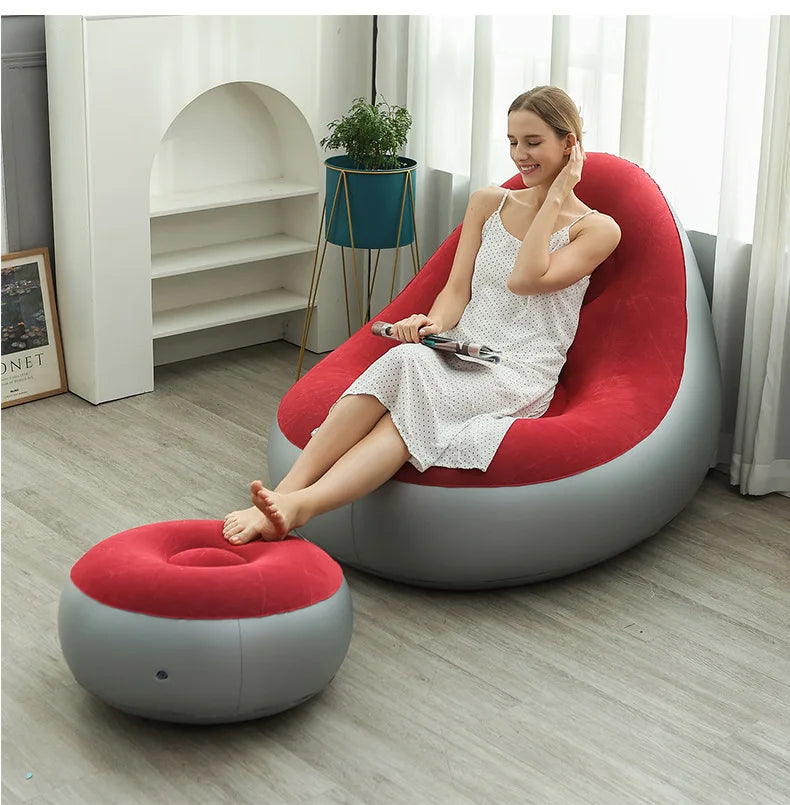 Inflatable Red Lazy Sofa Chair with Ottoman Foldable PVC Flocking Lounge Chair for Indoor Outdoor Use