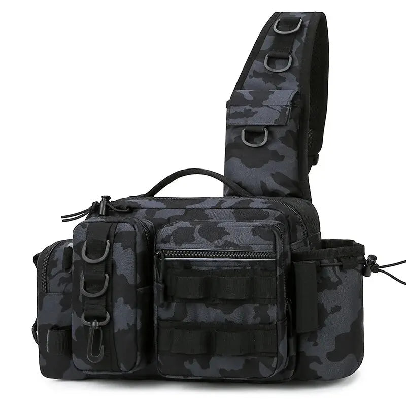 Fishing Tackle Backpack Black Camouflage Sling Shoulder Bag with Rod Holder Multi Pocket Gear Storage Bag for Fishing and Outdoor Travel