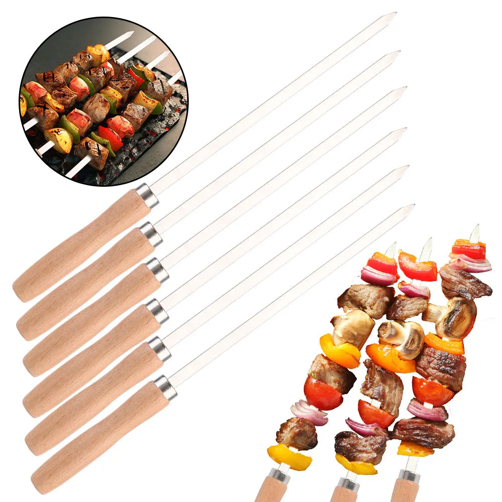 6 Piece Stainless Steel BBQ Skewers with Wooden Handles Grilling Set