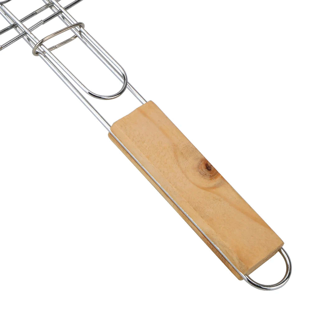 Foldable Stainless Steel BBQ Grilling Basket with Wooden Handle for Fish Meat and Vegetables