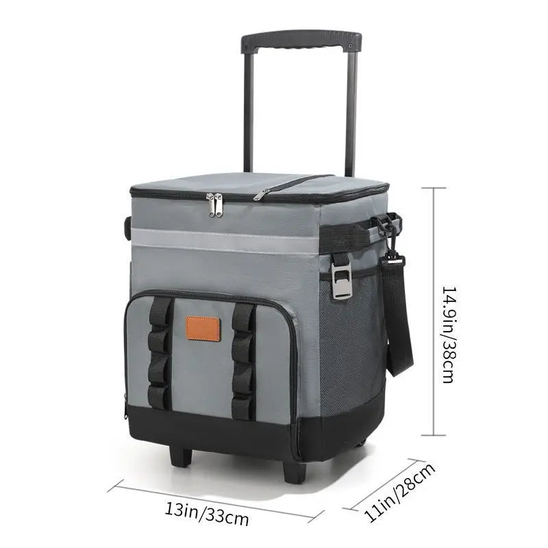 35L Portable Gray Rolling Cooler Bag with Wheels Telescopic Handle for Camping Picnic Beach and Travel