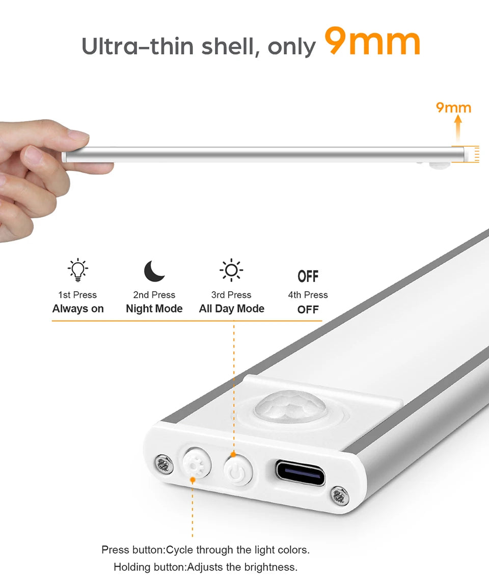 30cm USB Rechargeable Motion Sensor LED Light Bar Magnetic Cabinet Light 3 Colour Modes