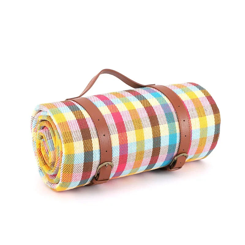 150x200cm Foldable Colorful Picnic Blanket Waterproof Outdoor Mat with Leather Handle for Beach Camping Travel