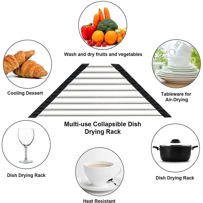 Black Roll Up Triangle Dish Drying Rack Stainless Steel Corner Sink Organizer