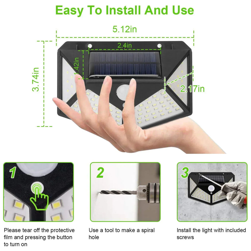 100 LED Solar Motion Sensor Light Outdoor IP65 Waterproof Wall Security Light