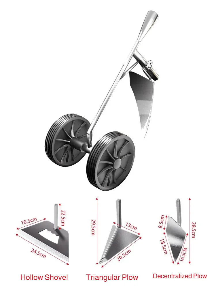 3 Piece Push Garden Hoe Set Hand-Pushed Wheeled Cultivator with Hollow Hoe Triangular and Eccentric Plow Blades