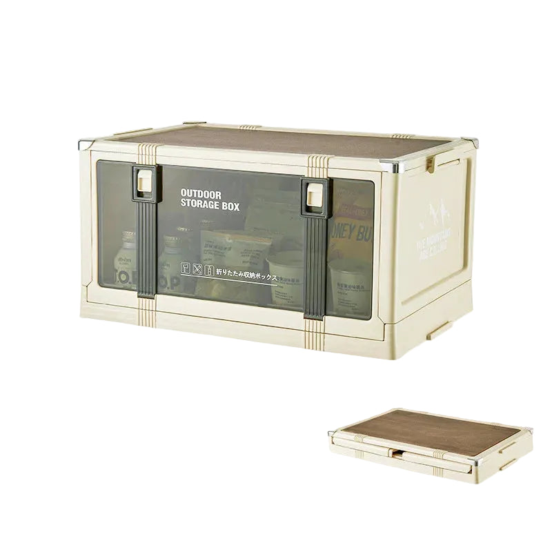 Foldable Large Creamy White Camping Storage Box with Wooden Lid Stackable Car Trunk Organizer