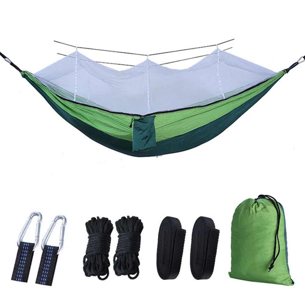 Portable Double Camping Hammock with Mosquito Net Dark Green Outdoor Travel Hammock