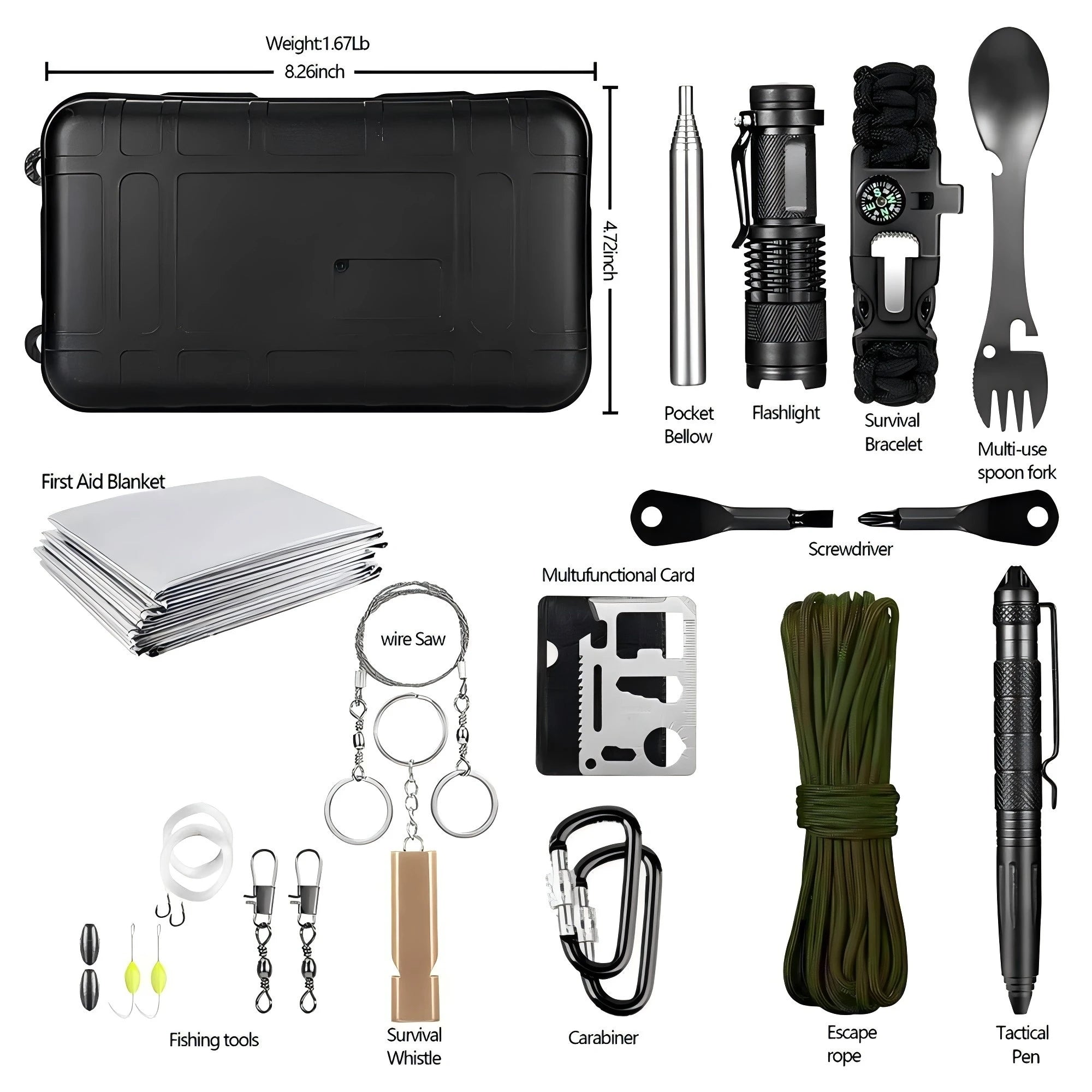 Portable Emergency Survival Kit with Flashlight Whistle Rope Fishing Tools and Storage Case