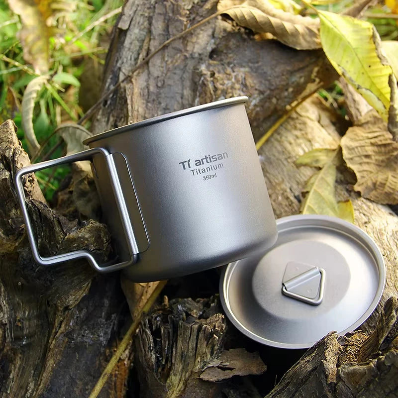 350ml Titanium Camping Mug Lightweight Portable Coffee Cup with Folding Handle and Lid for Outdoor Hiking