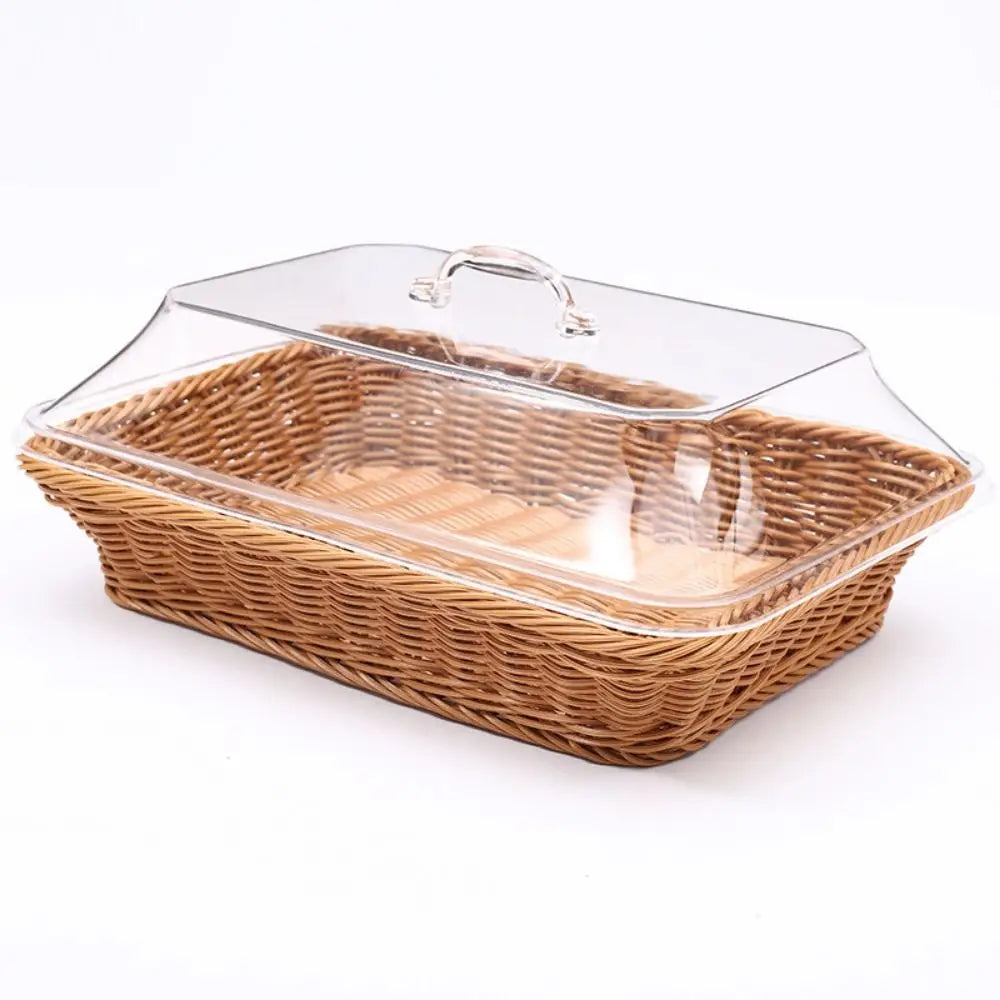 Rectangular Rattan Style Bread Basket with Clear Acrylic Lid for Food Storage and Serving