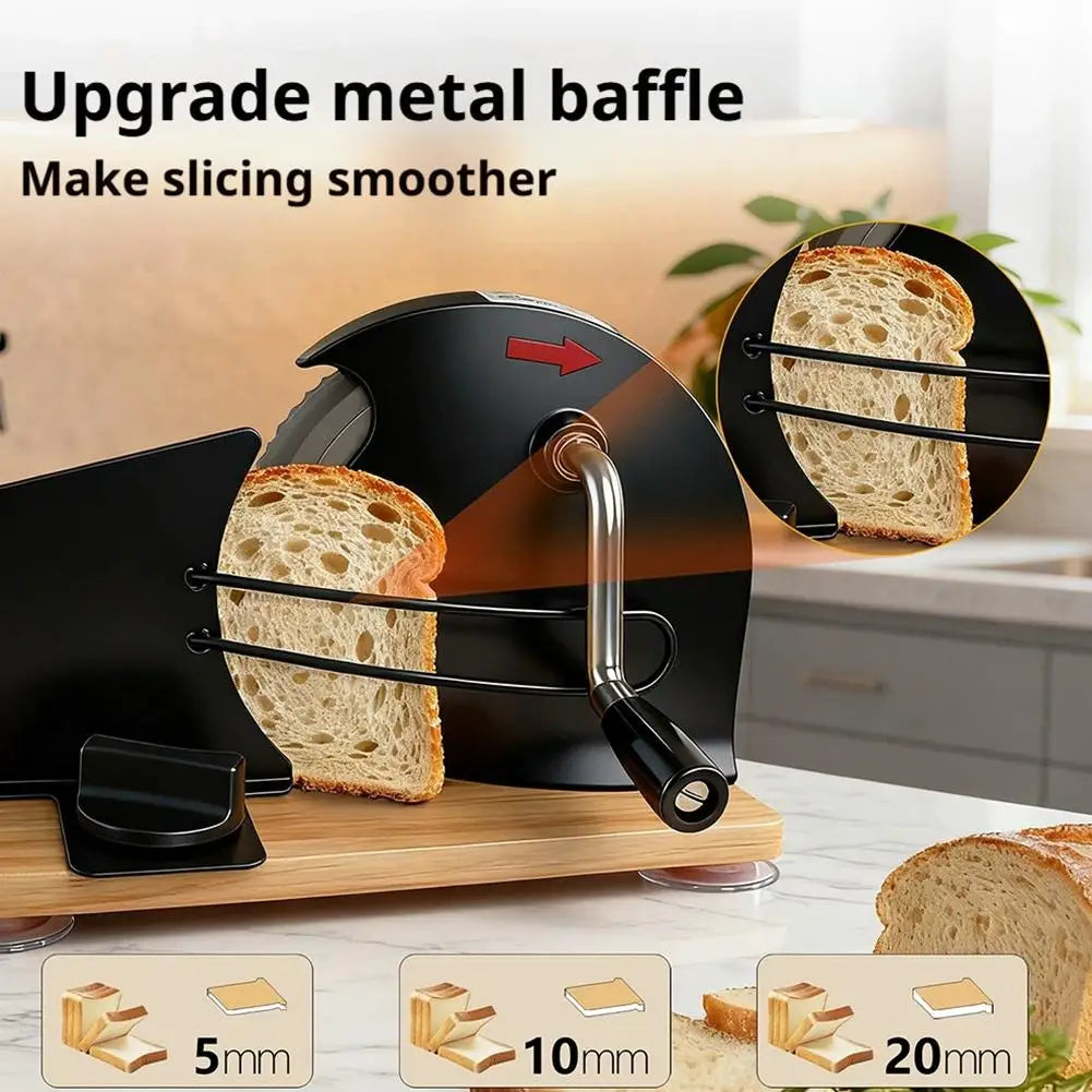 Black Manual Bread Slicer with Adjustable Thickness Stainless Steel Blade and Hand Crank