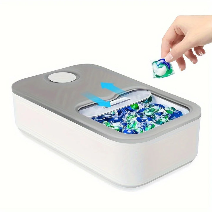 Laundry Pod Storage Container with Sliding Lid Light Gray Plastic Organizer Box