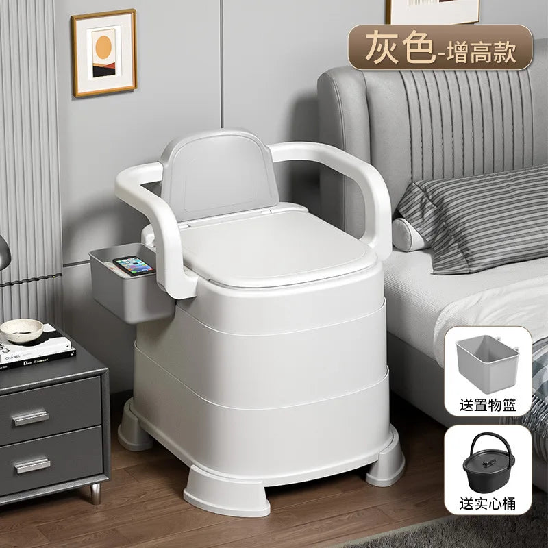 Portable Commode Chair High Gray Hard Seat Removable Bucket and Armrests for Home Care