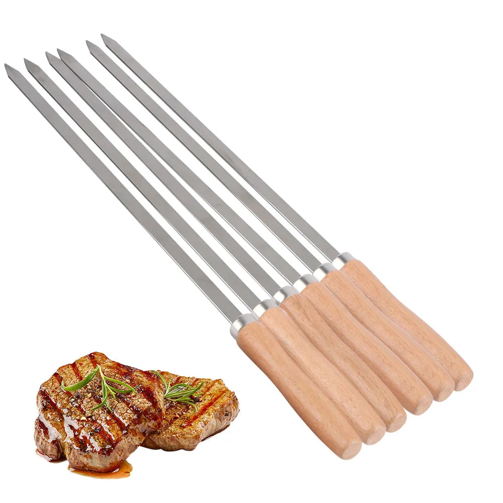 6 Piece Stainless Steel BBQ Skewers with Wooden Handles Grilling Set