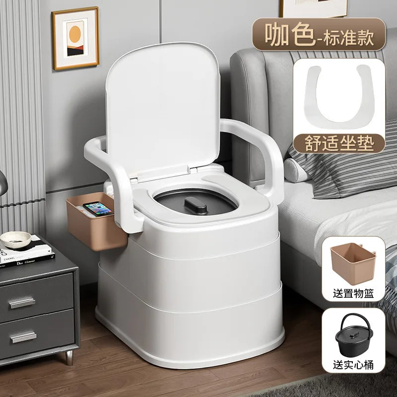 Portable Commode Chair Coffee Base with Soft Seat Removable Bucket and Armrests for Home Care