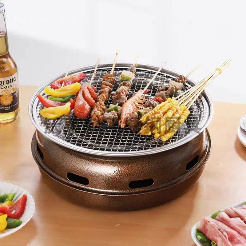 Portable Korean Style Large Round Charcoal BBQ Grill with Hob and Net Tabletop Grill for Camping Picnic and Backyard Cooking