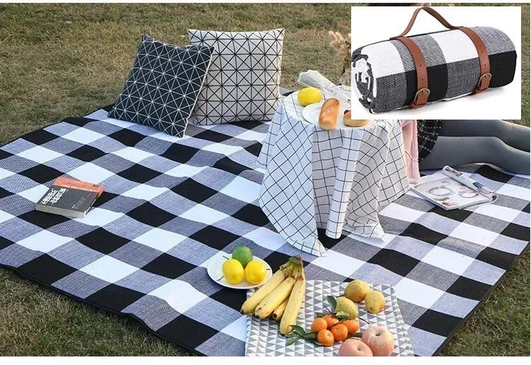 150x200cm Foldable Black Gray Picnic Blanket Waterproof Outdoor Mat with Leather Handle for Beach Camping Travel