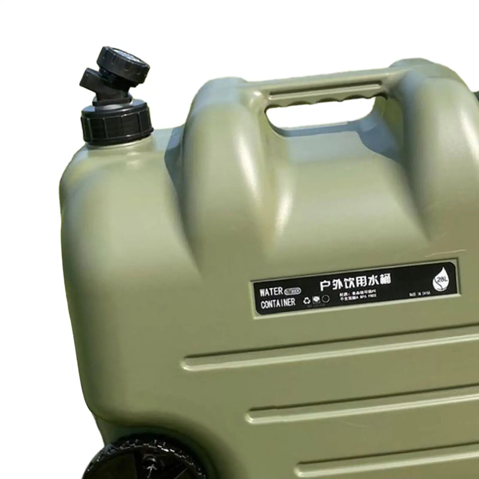 Portable 28L Green Water Storage Container with Wheels Tap and Screw Lid for Camping Travel