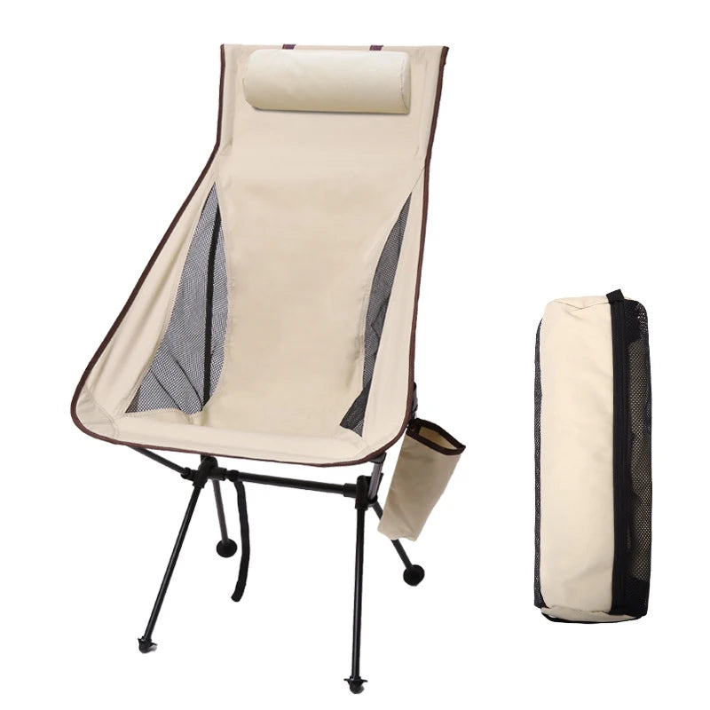 Portable Folding Camping Chair Beige with Headrest Lightweight Aluminium Outdoor Chair