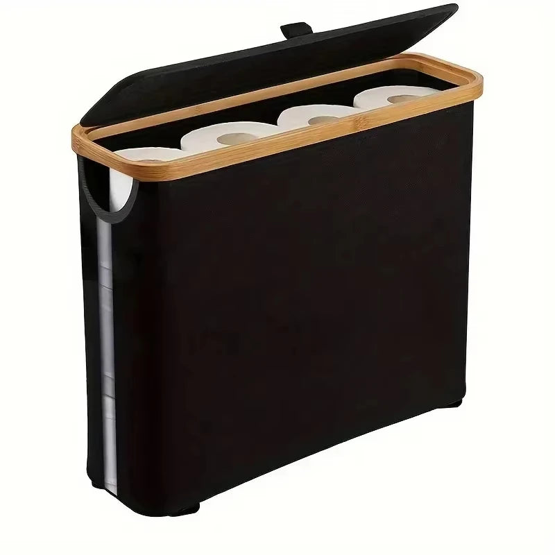 Foldable Toilet Paper Storage Basket Black with Lid Bamboo Frame Organizer
