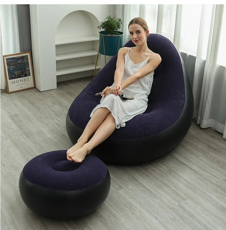 Inflatable Dark Blue Lazy Sofa Chair with Ottoman Foldable PVC Flocking Lounge Chair for Indoor Outdoor Use