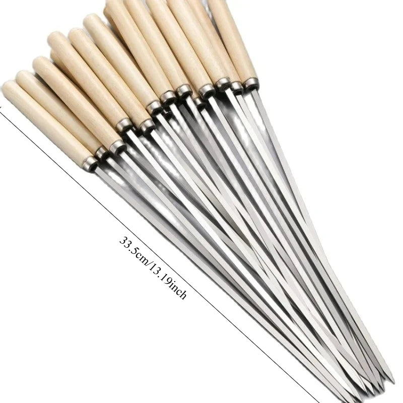 10 Pack Stainless Steel BBQ Skewers with Wooden Handles Reusable Grill Sticks