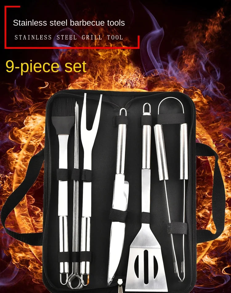 9 Piece BBQ Tool Set Stainless Steel Portable Barbecue Utensils with Storage Carry Bag for Outdoor Grilling