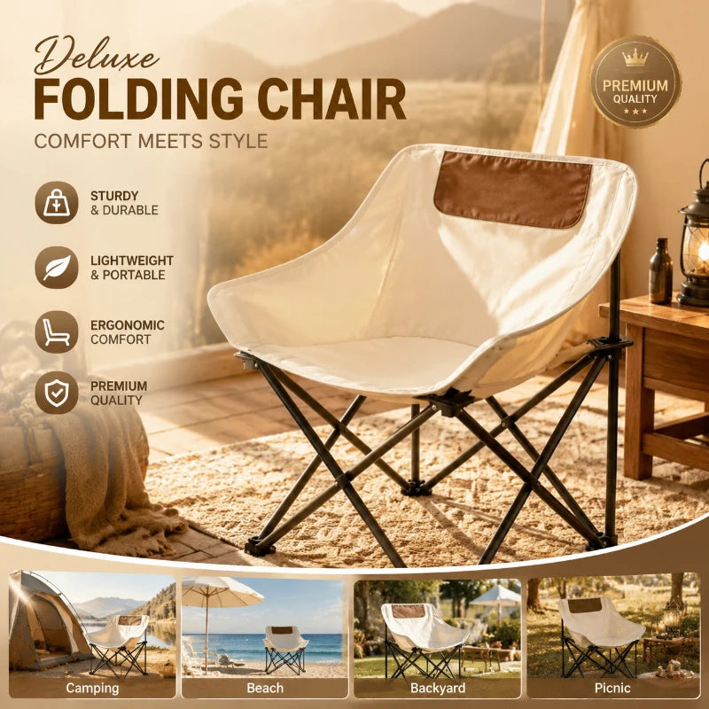 Portable Folding Camping Chair Beige Lightweight Outdoor Seat for Fishing Hiking Picnic and Camping