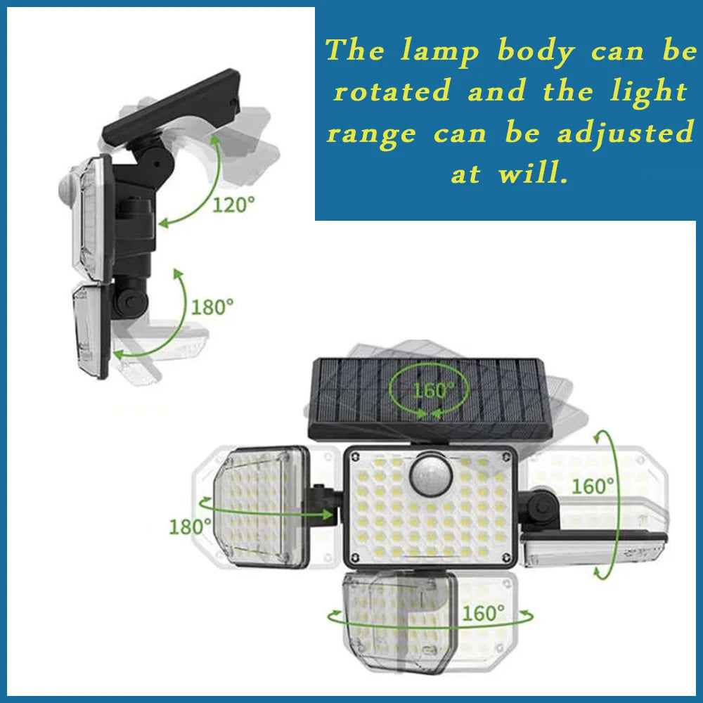 Solar Powered LED Security Light with Motion Sensor Adjustable Panels IP65 Waterproof 122 LED