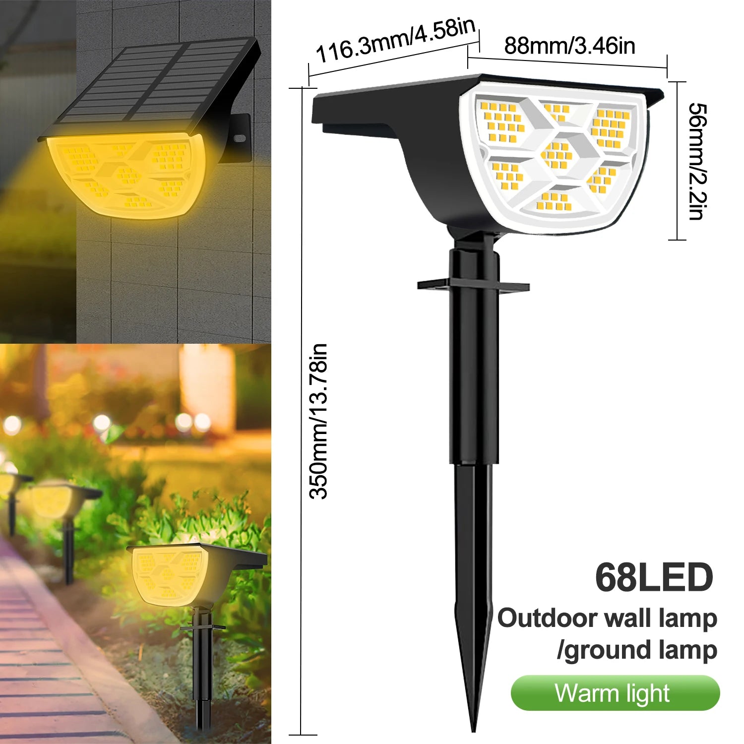 68LED Warm Light Solar Powered Garden Pathway Light Waterproof Outdoor Landscape Lamp