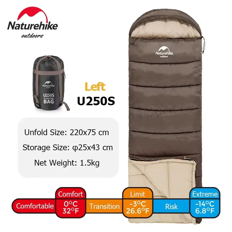 250g Cotton Filled Envelope Brown Left Zip Winter Sleeping Bag for Camping Hiking Trekking and Outdoor Travel